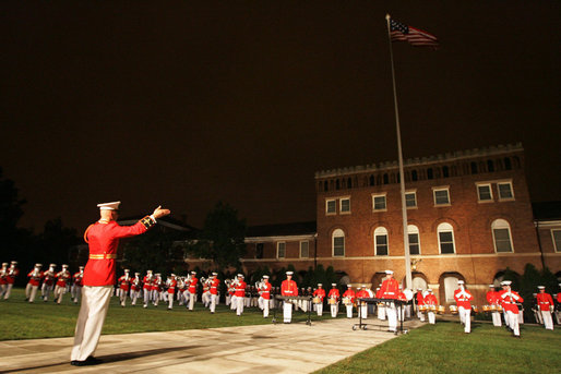 "The Commandants Own" United States Marine Drum and Bugle Corps performs in the Evening Parade at the Marine Barracks Friday, Aug. 29, 2008, in Washington DC. Over 3,000 people attended the parade, including President and Mrs. Bush. White House photo by Joyce N. Boghosian