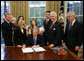 President George W. Bush, joined by members of the Hubbard family, signs H.R. 6580, The Hubbard Act, Friday, Aug. 29, 2008 in the Oval Office of the White House. Also joining the President is Rep. Jim Costa, D-Calif., right of President Bush, Rep. Devin Nunes, R-Calif., right rear, and Deputy Secretary of Defense Gordon England, far right. The Hubbard Act is named in honor of brothers Jared and Nathan Hubbard , who lost their lives serving our country in Iraq. Their brother, Jason Hubbard, was discharged from the Army as a sole survivor but was denied separation benefits. H.R. 6580 will provide sole survivors a number of benefits already offered to other soldiers honorably discharged from military service. White House photo by Chris Greenberg