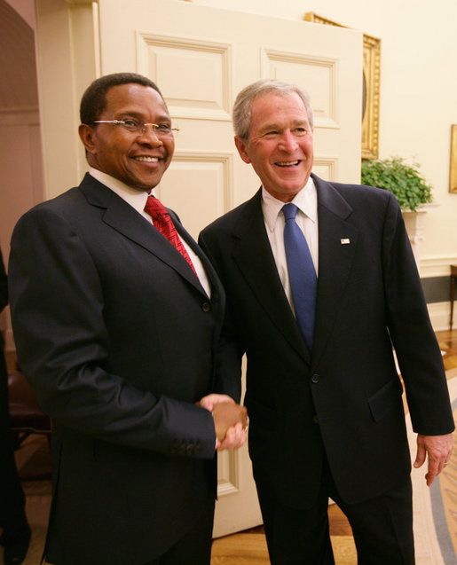 President George W. Bush welcomes Tanzania President Jakaya Kikwete to the Oval Office Friday, Aug. 29, 2008, where the two leaders held discussions on their bilateral relations. President Bush also thanked President Kikwete for his gracious hospitality during the President and Mrs. Bush's visit to Tanzania early this year in February. White House photo by Chris Greenberg