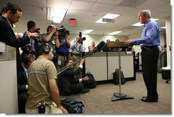 President George W. Bush makes a statement to the press after participating in a briefing on preparations for Hurricane Gustav, at the Federal Emergency Management Agency, (FEMA), Operations Center, Sunday, August 31, 2008 in Washington, DC. White House photo by Chris Greenberg