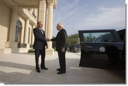 Vice President Dick Cheney is greeted by President of Azerbaijan Ilham Aliyev for meetings at the Summer Presidential Palace Wednesday, Sept. 3, 2008, in Baku, Azerbaijan. Vice President Cheney thanked the President for his country's contributions in the fight against global terrorism, and said, "America deeply appreciates Azerbaijan's contributions to the cause of peace and security, both in this volatile region and internationally. And we support the people of Azerbaijan in their efforts, often in the face of great challenges, to strengthen democracy, the rule of law, and respect for human rights, and to build a prosperous, modern, independent country that can serve as a pillar of moderation and stability in this critical part of the world."  White House photo by David Bohrer