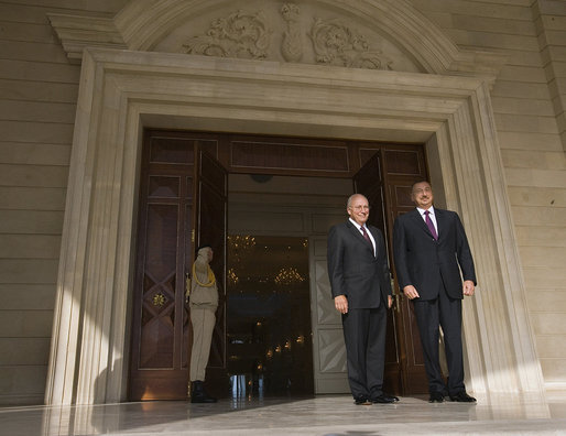 Vice President Dick Cheney and President of Azerbaijan Ilham Aliyev stand together Wednesday, Sept. 3, 2008, before their meetings at the Summer Presidential Palace in Baku, Azerbaijan. White House photo by David Bohrer