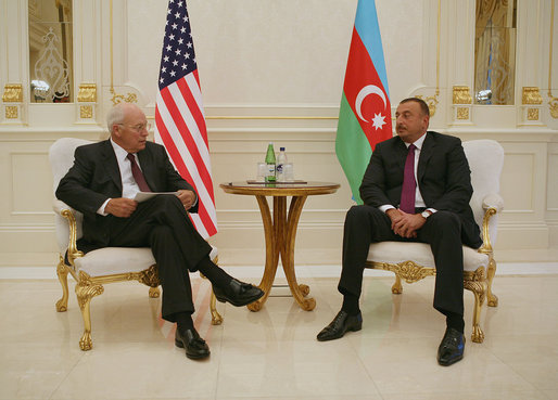 Vice President Dick Cheney meets with President of Azerbaijan Ilham Aliyev Wednesday, Sept. 3, 2008, at the Summer Presidential Palace in Baku, Azerbaijan. Said the Vice President, "The U.S. and Azerbaijan have many interests in common. We both seek greater stability, security and cooperation in the vital region of the world. We share the goal of energy security for ourselves and for the international community. And we are both devoted to the cause of peace." White House photo by David Bohrer