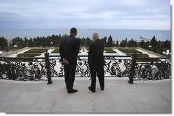 Vice President Dick Cheney and President of Azerbaijan Ilham Aliyev take in a view of the Caspian Sea Wednesday, Sept. 3, 2008, from the balcony of the Summer Presidential Palace in Baku, Azerbaijan.  White House photo by David Bohrer