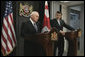 Vice President Dick Cheney is joined by Georgian President Mikheil Saakashvili Thursday, Sept. 4, 2008 in addressing remarks on Georgia's way forward following the young democracy's recent war with Russia. "Americans are acutely conscious of the great trials your country has faced over the last four weeks," said the Vice President. "We will help your people to heal this nation's wounds, rebuild this economy, and to ensure Georgia's democracy, independence and further integration with the West." White House photo by David Bohrer