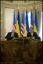  Vice President Dick Cheney delivers a statement to the press with President of Ukraine Viktor Yushchenko following their meeting Friday, Sept. 5, 2008 in Kyiv. "We have seen the deep courage of Ukrainians in everything they have struggled to accomplish in recent years to consolidate the gains of democracy," said the Vice President. "The work has not been easy. On this journey I am proud to reaffirm America's deep commitment to this remarkable, rising democratic nation that has won the respect of the entire free world." White House photo by David Bohrer