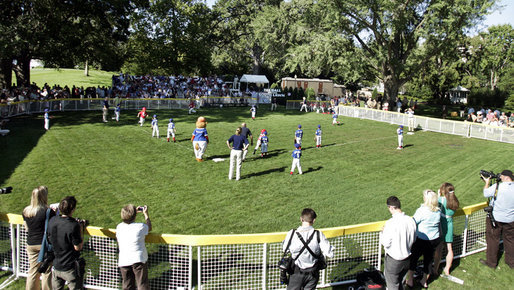 President George W. Bush hosts the 20th and final game of Tee Ball on the South Lawn: A Salute to the Troops game Sunday, Sept. 7, 2008, on the South Lawn of the White House. President Bush launched Tee Ball on the South Lawn to encourage fitness among America's youth and promote our national pastime to people of all ages. White House photo by Grant Miller