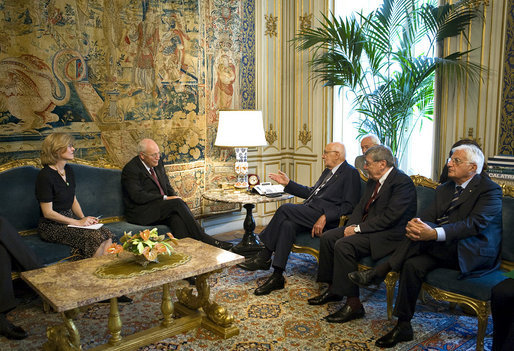 Vice President Dick Cheney meets with Italy's President Giorgio Napolitano Monday, September 8, 2008 at Quirinale Palace in Rome. The Vice President's trip to Italy comes after travels to the Caucasus region and Ukraine to discuss the current crisis Georgia. White House photo by David Bohrer