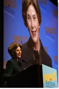 Mrs. Laura Bush speaks to the ServiceNation Summit at the Hilton New York Hotel Grand Ballroom in New York City on Sept. 12, 2008. Mrs. Bush cited President Bush's challenge to service and added that "Americans today have more opportunities to volunteer through government-supported national service programs." White House photo by Joyce N. Boghosian