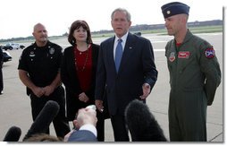 President George W. Bush speaks to the media upon his arrival Friday, Sept. 12, 2008, at Tinker Air Force Base, Oklahoma. Speaking about the impending landfall of Hurricane Ike, the President said, "I want to thank the citizens of Oklahoma for getting ready to help a Texan in need. I urge my fellow Texans to listen carefully to what the authorities are saying in Galveston County or parts of Harris County, up and down the coast. The federal government will not only help with the pre-storm strategy, but once this storm passes we'll be working with state and local authorities to help people recover as quickly as possible."  White House photo by Chris Greenberg