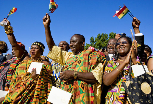 Guests in traditional Ghanaian dress celebrate the arrival of President John Agyekum Kufuor of Ghana to the White House Monday, Sept. 15, 2008, during a South Lawn Arrival Ceremony. White House photo by David Bohrer