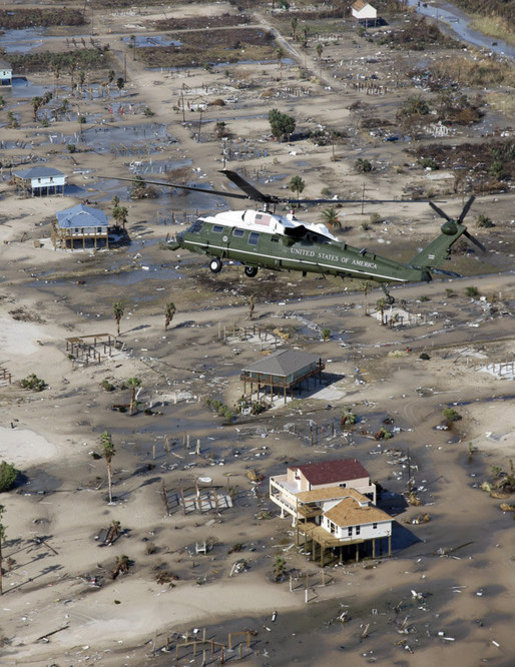 Aboard Marine One, President George W. Bush flies over the devastation left along the Texas coast in the wake of Hurricane Ike. President Bush and officials toured the the Houston-Galveston areas Tuesday, Sept. 16, 2008, for a first-hand look and to participate in briefings from federal, state and local officials on the response to the storm. White House photo by Eric Draper