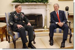 President George W. Bush meets with U.S. Army General David Petraeus, former Commander of the Multi-National Force in Iraq, Wednesday, Sept. 17, 2008, in the Oval Office at the White House. In speaking to reporters President Bush honored and congratulated General Petraeus for his outstanding command leadership in Iraq, and thanked him for agreeing to be the new commander of CENTCOM.  White House photo by Eric Draper