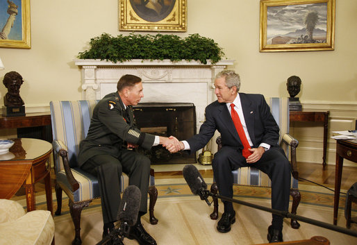 President George W. Bush and U.S. Army General David Petraeus, former Commander of the Multi-National Force in Iraq, shakehands Wednesday, Sept. 17, 2008, in the Oval Office at the White House. In speaking to reporters President Bush honored and congratulated General Petraeus for his outstanding command leadership in Iraq, and thanked him for agreeing to be the new commander of CENTCOM. White House photo by Eric Draper