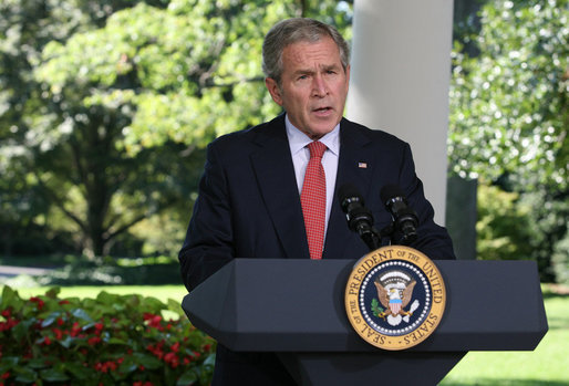 President George W. Bush delivers a statement on the economy Thursday, Sept. 18, 2008, in the Oval Colonnade of the White House. Said the President, "Our financial markets continue to deal with serious challenges. As our recent actions demonstrate, my administration is focused on meeting these challenges. The American people can be sure we will continue to act to strengthen and stabilize our financial markets and improve investor confidence." White House photo by Joyce N. Boghosian