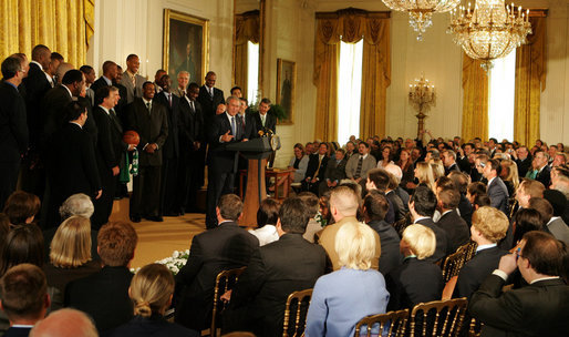 President George W. Bush congratulates members of the 2008 NBA Championship Boston Celtics Friday, Sept. 19, 2008 at the White House. In addition to their accomplishments on the court, the Celtics were also acknowledged for their donation of over $100,000 to the American Red Cross for those affected by Hurricane Ike. White House photo by Joyce N. Boghosian