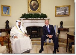 President George W. Bush meets with Kuwait's Prime Minister Sheik Nasser Al-Mohammed Al-Ahmed Al-Jaber Al-Sabah, Friday, Sept. 19, 2008, in the Oval Office of the White House. White House photo by Eric Draper