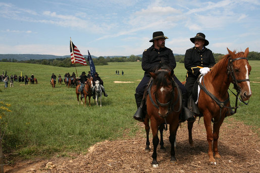Participants in the re-enactment of the Civil War Battle of Chickamauga gather in Union soldier uniforms on September 19, 2008, for the 145th anniversary of the event in McLemore's Cove, Georgia. Vice President Dick Cheney spoke at the commemoration, calling those who fought an example of "moral valor, bravery, and devotion." The 1863 Civil War battle is often regarded as the last significant victory of the Confederate Army during the Civil War. White House photo by David Bohrer