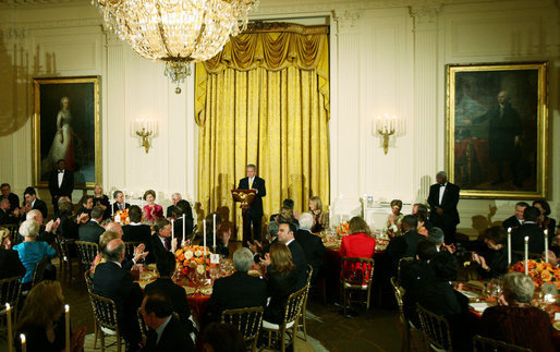 President George W. Bush delivers remarks during a social dinner for the President of Colombia Alvaro Uribe Saturday, Sept. 20, 2008, in the East Room of the White House. White House photo by Joyce N. Boghosian