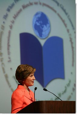 Mrs. Laura Bush address the White House Symposium on Advancing Global Literacy: Building a Foundation for Freedom, which convened at New York City's Metropolitan Museum of Art in New York City, Sept. 22, 2008. With a projection screen display to her side, Mrs. Bush noted that "literacy is at the core of sustainable solutions to the world's greatest problems." Worldwide more than 770 million adults live without literacy skills. White House photo by Chris Greenberg