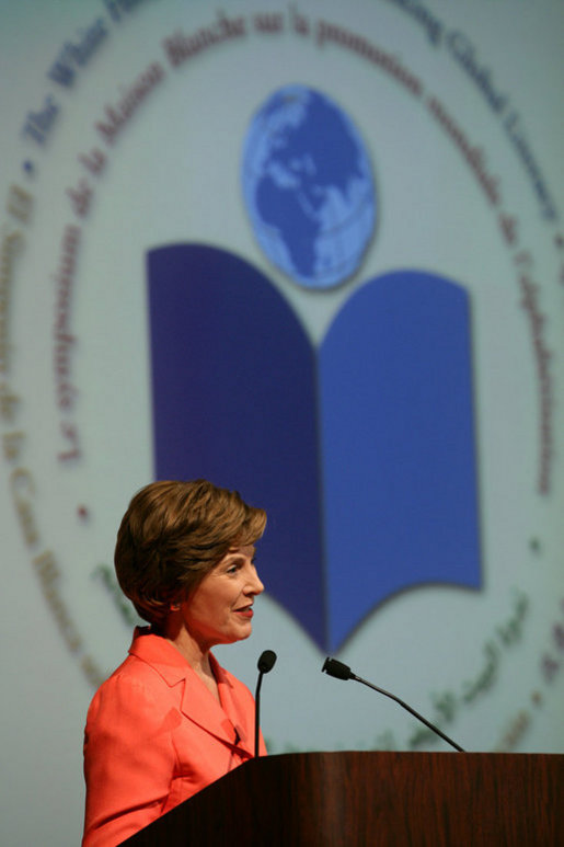 Mrs. Laura Bush address the White House Symposium on Advancing Global Literacy: Building a Foundation for Freedom, which convened at New York City's Metropolitan Museum of Art in New York City, Sept. 22, 2008. With a projection screen display to her side, Mrs. Bush noted that "literacy is at the core of sustainable solutions to the world's greatest problems." Worldwide more than 770 million adults live without literacy skills. White House photo by Chris Greenberg