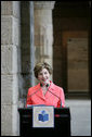 Mrs. Laura Bush opens the luncheon following the White House Symposium on Global Literacy: Building a Foundation for Freedom at the Metropolitan Museum of Art's Temple of Dendur in New York City. Mrs. Bush noted that in the morning session the group learned the outcomes of UNESCO's six regional literacy conferences from around the world. White House photo by Chris Greenberg