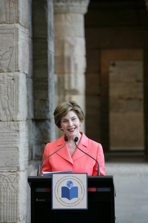 Mrs. Laura Bush opens the luncheon following the White House Symposium on Global Literacy: Building a Foundation for Freedom at the Metropolitan Museum of Art's Temple of Dendur in New York City. Mrs. Bush noted that in the morning session the group learned the outcomes of UNESCO's six regional literacy conferences from around the world. White House photo by Chris Greenberg