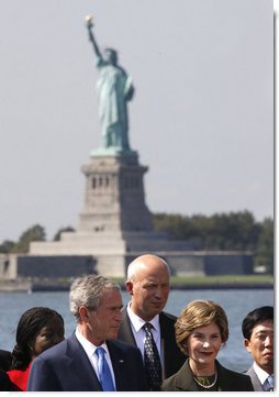 President George W. Bush and Mrs. Laura Bush participate in a photo opportunity with dissidents Tuesday, Sept. 23, 2008, on Governors Island in New York. White House photo by Eric Draper