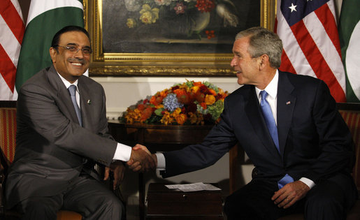President George W. Bush shakes hands with President Asif Ali Zardari of Pakistan during their meeting Tuesday, Sept. 23, 2008, at The Waldorf-Astoria Hotel in New York. Said President Bush, "Pakistan is an ally, and I look forward to deepening our relationship. Your words have been very strong about Pakistan's sovereign right and sovereign duty to protect your country, and the United States wants to help." White House photo by Eric Draper