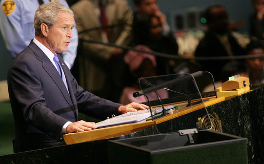 President George W. Bush delivers remarks to the United Nations General Assembly Tuesday, Sept. 23, 2008, in New York. In his eighth and final speech before the assembly, the President highlighted how the United States has partnered closely with other nations to address global challenges an urged the U.N. and other multilateral organizations to continue to actively confront terror. White House photo by Chris Greenberg