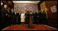 President George W. Bush is surrounded by leaders from the Western Hemisphere as he delivers a statement on free trade Wednesday, Sept. 24, 2008, at the Council of the Americas in New York City. Said the President, "Each of the 11 countries here has a free trade agreement with the United States, or one pending before Congress. Free and fair trade is in our mutual interests."  White House photo by Eric Draper