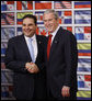 President George W. Bush shakes hands with President Antonio Saca of El Salvador after delivering a statement on temporary protected status during a visit by President Bush Wednesday, Sept. 24, 2008, to the Council of the Americas. Said President Bush, "I want to let my friend know, and the people of El Salvador, that the United States will extend TPS status to El Salvadoreans living in our country. I'm proud to make this announcement with you standing by my side." White House photo by Eric Draper