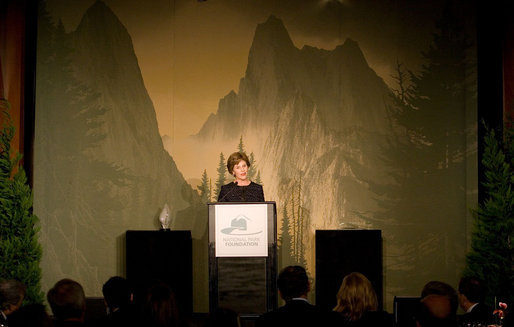 Mrs. Laura Bush addresses the National Park Foundation's "Expedition America!" Gala Wednesday, Sept. 24, 2008, at the Chelsea Piers in New York City. Mrs. Bush told her audience, "For more than 40 years, the National Park Foundation has been leading this cause as the only national charitable partner of America's parks. National parks are the backdrop for many Americans' favorite memories -- including mine. Together with the National Park Foundation, we can preserve these national wonders and ensure park visitors make new memories for generations to come." White House photo by Chris Greenberg