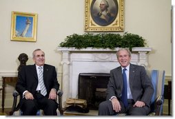 President George W. Bush welcomes President Michel Sleiman of Lebanon to the Oval Office Thursday, Sept. 25, 2008, at the White House. Said President Bush, "The United States is proud to stand by your side. Our mission is your mission: a country that is strong and capable, and a country where people can live in peace. And so I welcome you. It's been a long time since the President of Lebanon has been in the Oval Office. It is my honor to host you for this occasion."  White House photo by Joyce N. Boghosian