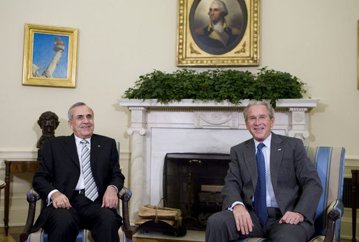 President George W. Bush welcomes President Michel Sleiman of Lebanon to the Oval Office Thursday, Sept. 25, 2008, at the White House. Said President Bush, "The United States is proud to stand by your side. Our mission is your mission: a country that is strong and capable, and a country where people can live in peace. And so I welcome you. It's been a long time since the President of Lebanon has been in the Oval Office. It is my honor to host you for this occasion." White House photo by Joyce N. Boghosian