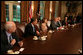 President George W. Bush speaks during a meeting with Bicameral and Bipartisan members of Congress Thursday, Sept. 25, 2008, in the Cabinet Room of the White House. Included in the meeting with the President are, from left: Sen. John McCain, R-Ariz., House Minority Leader John Boehner, R-Ohio, House Speaker Nancy Pelosi, D-Calif.; Senate Majority Leader Harry Reid, D-Nev.; Senate Minority Leader Mitch McConnell, R-Ky., and Sen. Barack Obama, D-Ill. White House photo by David Bohrer