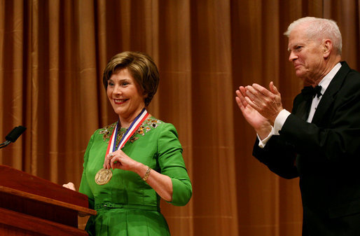 Mrs. Laura Bush is honored with the Living Legend Medallion by Dr. James Billington, the Librarian of Congress, Friday evening, Sept. 26, 2008 in Washington, D.C., during the 2008 National Book Festival Gala Performance. White House photo by Joyce N. Boghosian