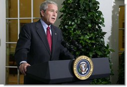 President George W. Bush delivers a statement Friday, Sept. 26, 2008, outside the Oval Office of the White House regarding the negotiations to finalize legislation on the financial rescue package. Said the President, "There are disagreements over aspects of the rescue plan, but there is no disagreement that something substantial must be done. The legislative process is sometimes not very pretty, but we are going to get a package passed. We will rise to the occasion. Republicans and Democrats will come together and pass a substantial rescue plan."  White House photo by Chris Greenberg