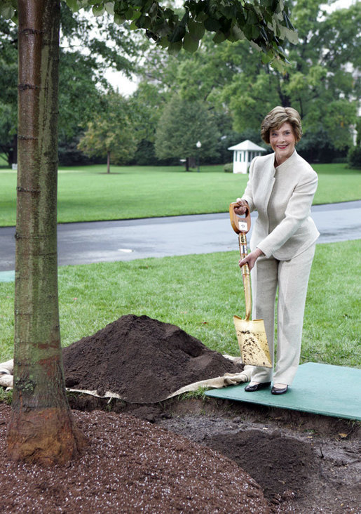 Mrs. Laura Bush shovels dirt onto a Silver Leaf Linden during a commemorative tree planting ceremony Saturday, Sept. 27, 2008, on the South Lawn of the White House. The tradition of planting a commemorative tree dates back to 1830 when President Andrew Jackson two Southern Magnolias on either side of the South Portico of the White House. White House photo by Joyce N. Boghosian