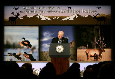 Vice President Dick Cheney addresses the White House Conference on North American Wildlife Policy Friday, Oct. 3, 2008 in Reno. Bringing together a wide range of conservationists, government officials, sportsmen and Congressional representatives, the conference provides a framework for participants to discuss topics on wildlife management, conserving and managing natural habitats, energy development, climate change and opportunities for hunting on public lands. White House photo by David Bohrer