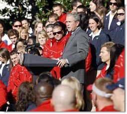 President George W. Bush delivers remarks to the members of the 2008 United States Summer Olympic and Paralympic Teams Tuesday, Oct. 7, 2008, on the South Lawn of the White House. President Bush said, "You amazed the world with your talent and grace and sportsmanship. You inspired children to chase their dreams. You will be champions forever."  White House photo by Eric Draper