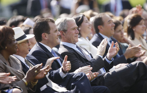President George W. Bush sits with Panama's Ambassador to the United States Frederico A. Humbert, during festivities Thursday, Oct. 9, 2008, celebrating Hispanic Heritage Month on the South Lawn at the White House. White House photo by Eric Draper