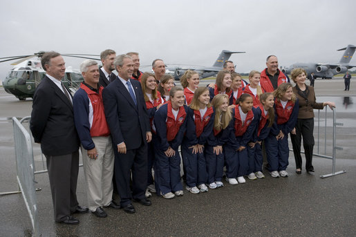 President George W. Bush and First Lady Laura Bush pose with members of the 2008 Little League World Series Championship team at Charleston Air Force Base in Charleston, S.C., Friday, October 10, 2008. White House photo by Chris Greenberg