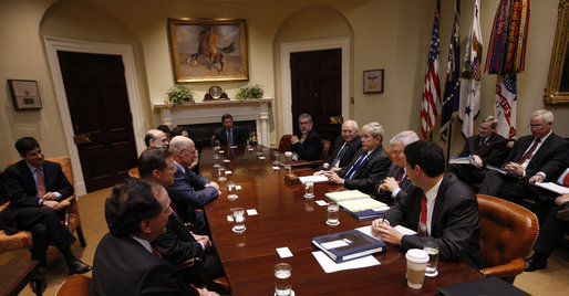 President George W. Bush meets with his Working Group on Financial Markets Tuesday, Oct. 14, 2008, in the Roosevelt Room of the White House. Afterward, the President said, "I know Americans are deeply concerned about the stress in our financial markets, and the impact it is having on their retirement accounts, and 401(k)s, and college savings, and other investments. I recognize that the action leaders are taking here in Washington and in European capitals can seem distant from those concerns. But these efforts are designed to directly benefit the American people by stabilizing our overall financial system and helping our economy recover." White House photo by Eric Draper