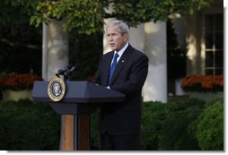 President George W. Bush delivers a statement on the economy Tuesday, Oct. 14, 2008, from the Rose Garden of the White House. In announcing new measures America is taking to implement the G7 action plan and strengthen banks across the country, the President said, "It will take time for our efforts to have their full impact, but the American people can have confidence about our long-term economic future. We have a strategy that is broad, that is flexible, and that is aimed at the root cause of our problem. Nations around the world are working together to overcome this challenge. And with confidence and determination, we will return our economies to the path of growth and prosperity."  White House photo by Eric Draper