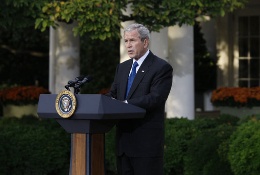 President George W. Bush delivers a statement on the economy Tuesday, Oct. 14, 2008, from the Rose Garden of the White House. In announcing new measures America is taking to implement the G7 action plan and strengthen banks across the country, the President said, "It will take time for our efforts to have their full impact, but the American people can have confidence about our long-term economic future. We have a strategy that is broad, that is flexible, and that is aimed at the root cause of our problem. Nations around the world are working together to overcome this challenge. And with confidence and determination, we will return our economies to the path of growth and prosperity." White House photo by Eric Draper