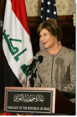 Mrs. Laura Bush delivers remarks at the launching of the Iraq Cultural Heritage Project Thursday, Oct. 16, 2008, at the Iraq Embassy in Washington, D.C. Mrs. Laura Bush said, "The Iraq Cultural Heritage Project will promote national unity by highlighting the rich heritage that all Iraqis share. And the Project will benefit all humanity by preserving the great historic sites, archaeological wonders, and cultural objects that tell the story of the world's earliest communities."  White House photo by Joyce N. Boghosian