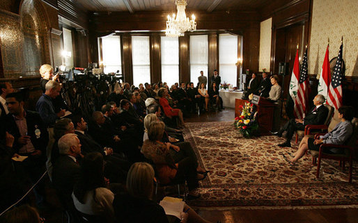 Mrs. Laura Bush delivers remarks at the launching of the Iraq Cultural Heritage Project Thursday, Oct. 16, 2008, at the Iraq Embassy in Washington, D.C. Mrs Bush said, "The United States is proud to partner with Iraq as it rebuilds its capacity to safeguard its birthplace of human civilization." White House photo by Joyce N. Boghosian