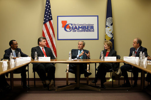 President George W. Bush gestures as he participates in a roundtable meeting on the economy with local business leaders from Alexandria, Louisiana Monday, Oct. 20, 2008, at the Central Louisiana Chamber of Commerce in Alexandria, Louisiana. The President delivered a statement on the Emergency Economic Stabilization Act and the Department of the Treasury's Troubled Asset Relief Plan. Joining the President from left to right, Martin Johnson, Lance Harris, Grace Allen, and Blake Chatelain. White House photo by Chris Greenberg