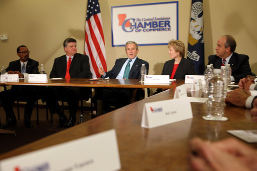 President George W. Bush participates in a roundtable discussion on the economy with local business leaders from Alexandria, Louisiana Monday, Oct. 20, 2008, at the Central Louisiana Chamber of Commerce in Alexandria, Louisiana. The President delivered a statement on the Emergency Economic Stabilization Act and the Department of the Treasury's Troubled Asset Relief Plan. Joining the President from left to right, Martin Johnson, Lance Harris, Grace Allen, and Blake Chatelain White House photo by Chris Greenberg